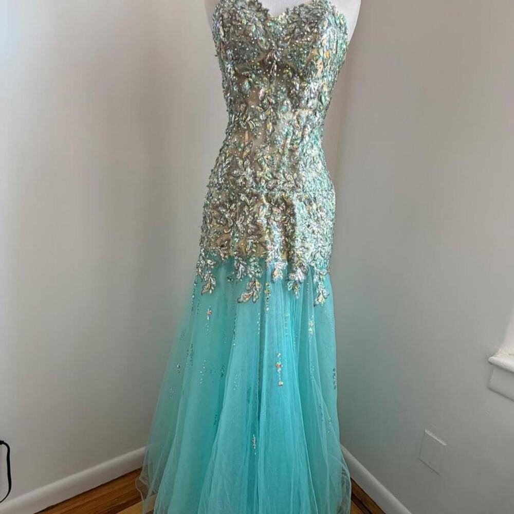 Light Blue Rhinestoned Strapless Prom Dress